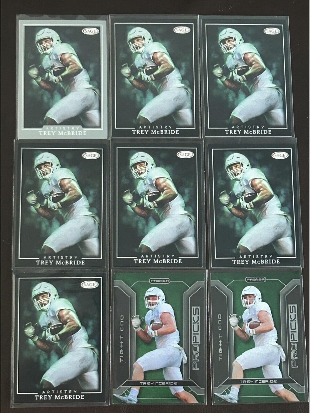 2022 NFL TE TREY MCBRIDE SAGE SILVER PARALLEL INSERT/PRO PICKS PREMIER+9 RC LOT